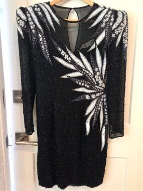 Lillie Rubin Vintage Silk Beaded Cocktail Dress 4 Black Sequin Art Deco Glam